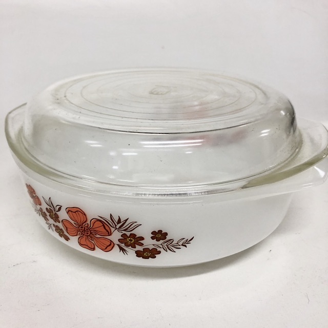 SERVING DISH, Glass Pyrex Style w Lid - White Floral 